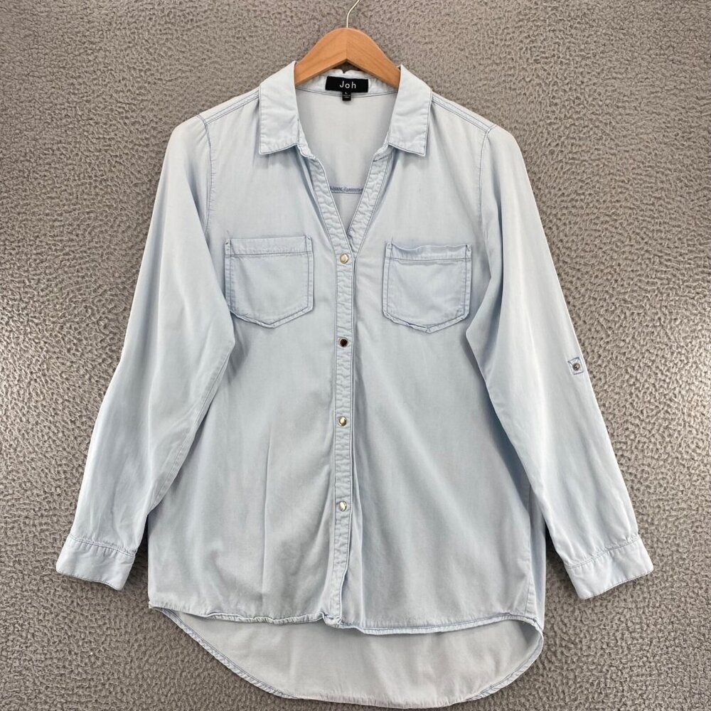 Joh Shirt Womens Large Blue Snap Up Collared Pockets Roll Tab Long Sleeve Casual
